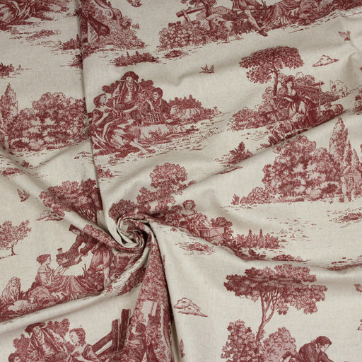 Tissu de coton Toile de Jouy traditionnelle française rouge, fond lin - COLLECTION VERSAILLES - TissusPapi.com