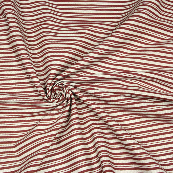 Tissu toile à matelas de coton aux rayures rouges, fond lin - COLLECTION VERSAILLES - TissusPapi.com