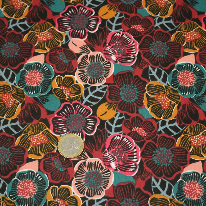 Tissu cotonnade LES FLEURS FAUVES, bordeaux, rose poudré, safran, bleu - OEKO - TEX STANDARD 100 - TissusPapi.com