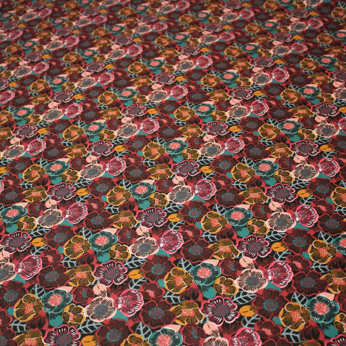 Tissu cotonnade LES FLEURS FAUVES, bordeaux, rose poudré, safran, bleu - OEKO - TEX STANDARD 100 - TissusPapi.com