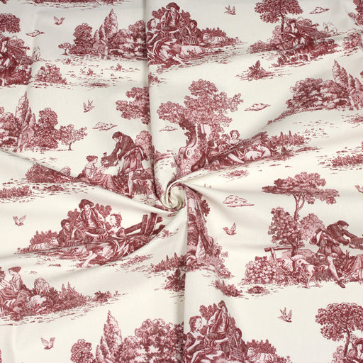 Tissu de coton Toile de Jouy traditionnelle française rouge, fond écru - COLLECTION VERSAILLES - TissusPapi.com
