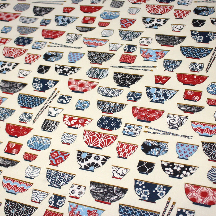 Tissu cotonnade aux bols de ramen & motifs traditionnels japonais - OEKO - TEX - TissusPapi.com
