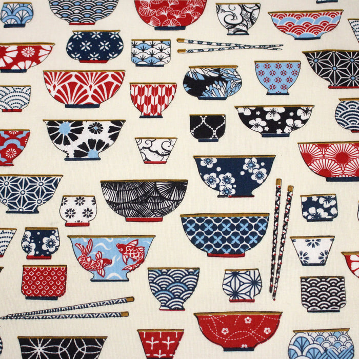 Tissu cotonnade aux bols de ramen & motifs traditionnels japonais - OEKO - TEX - TissusPapi.com