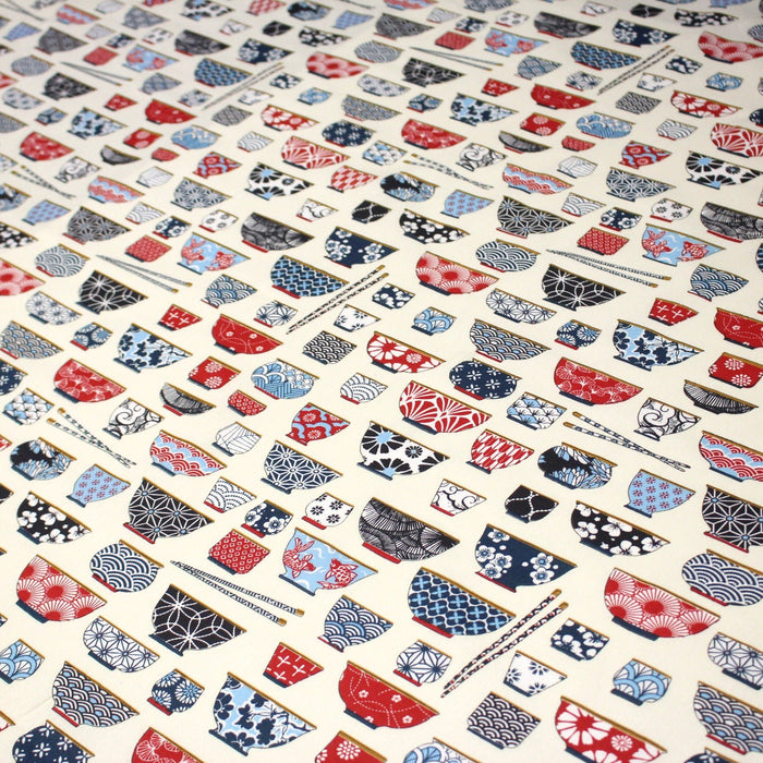 Tissu cotonnade aux bols de ramen & motifs traditionnels japonais - OEKO - TEX - TissusPapi.com