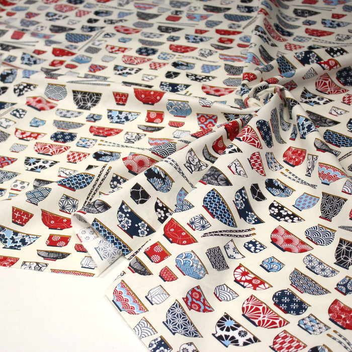 Tissu cotonnade aux bols de ramen & motifs traditionnels japonais - OEKO - TEX - TissusPapi.com