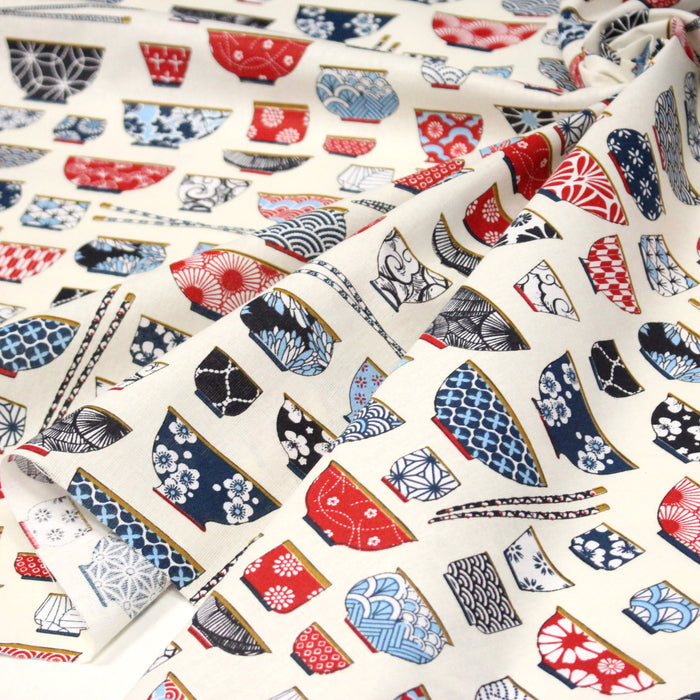 Tissu cotonnade aux bols de ramen & motifs traditionnels japonais - OEKO - TEX - TissusPapi.com