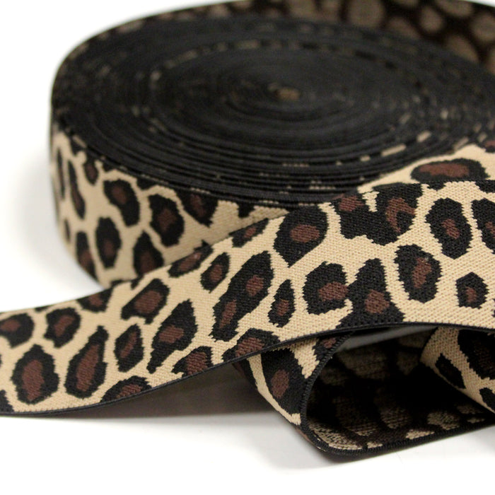Ruban élastique motif léopard écru, noir et marron, largeur 38mm - TissusPapi.com