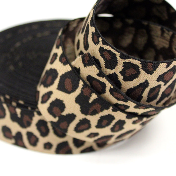 Ruban élastique motif léopard écru, noir et marron, largeur 38mm