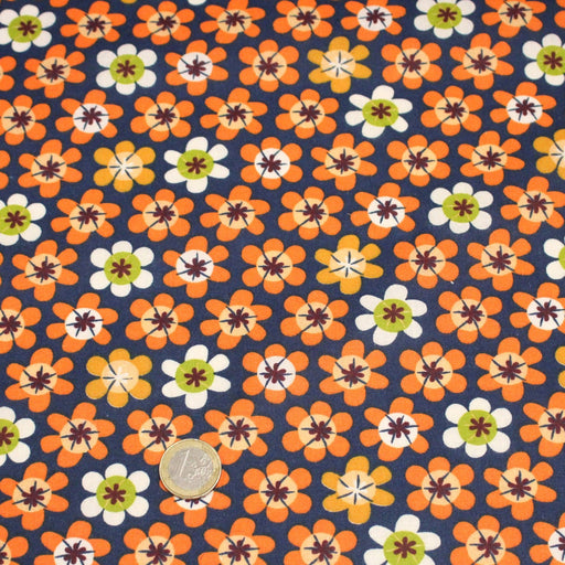 Tissu cotonnade bleu aux fleurs oranges seventies - OEKO - TEX STANDARD 100 - TissusPapi.com