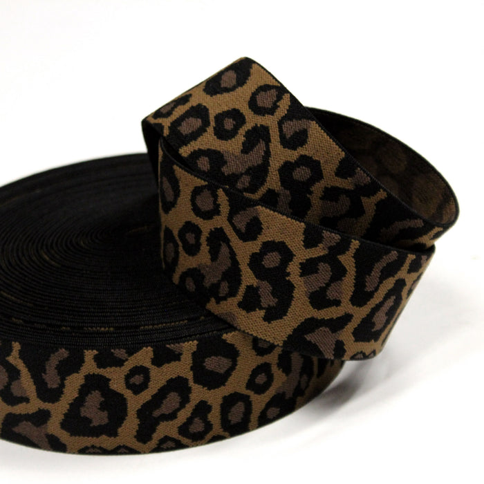 Ruban élastique motif léopard ocre, noir et marron, largeur 38mm