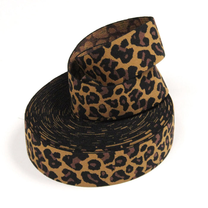 Ruban élastique motif léopard jaune moutarde, noir et marron, largeur 38mm - TissusPapi.com