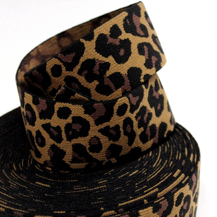 Ruban élastique motif léopard jaune moutarde, noir et marron, largeur 38mm - TissusPapi.com