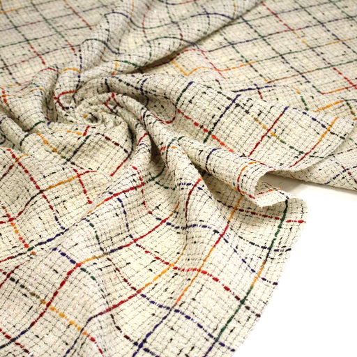 Tissu tweed écru, aux fils multicolores bleu rouge jaune vert - Fabrication française - TissusPapi.com