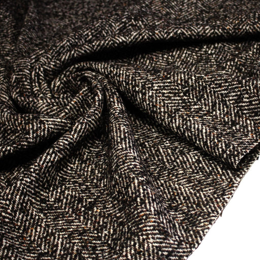 Tissu tweed laine, chevrons marrons & écrus, touches noires et ocres - Fabrication française - TissusPapi.com
