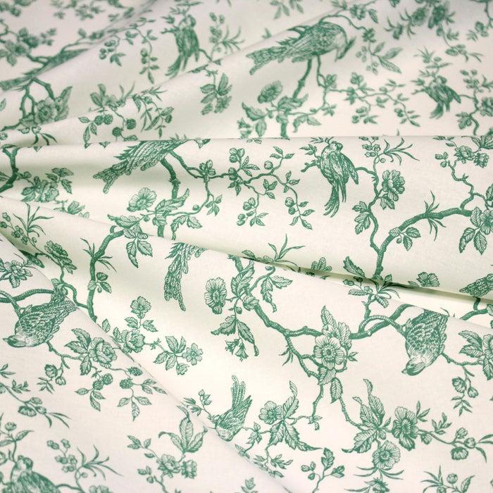 Tissu coton TOILE DE JOUY AUX MESANGES : bleu, vert - OEKO - TEX - TissusPapi.com