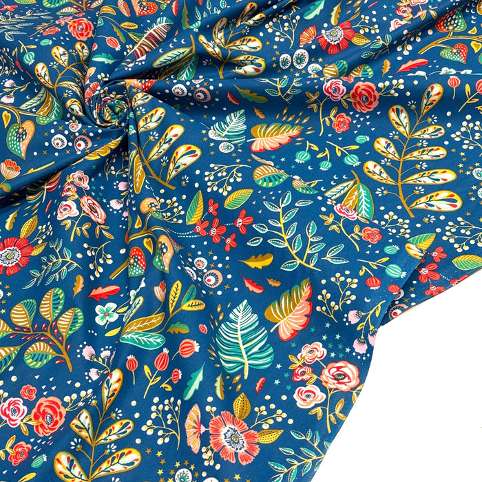 Tissu coton ANCOLIE aux fleurs et motifs printaniers, grande largeur 280cm - TissusPapi.com