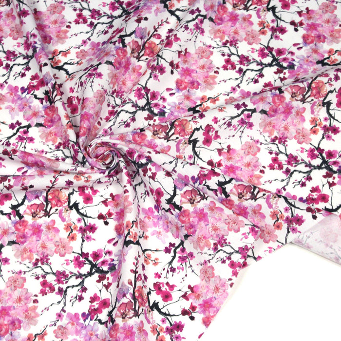 Tissu cotonnade SAKURA ROSE : jardin japonais aux fleurs de cerisier roses & fuchsia - TissusPapi.com