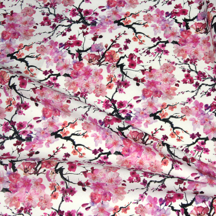 Tissu popeline de coton japonais SAKURA ROSE : jardin japonais aux fleurs de cerisier roses & fuchsia