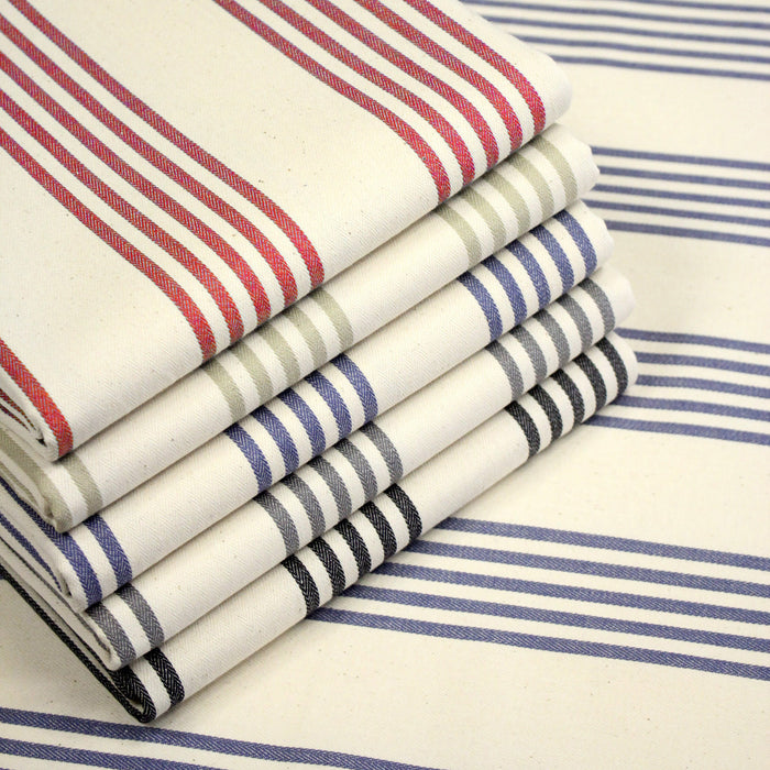 Tissu toile à matelas de coton LE TOUQUET écru aux rayures : bleu, rouge, noir, gris, sable - TissusPapi.com