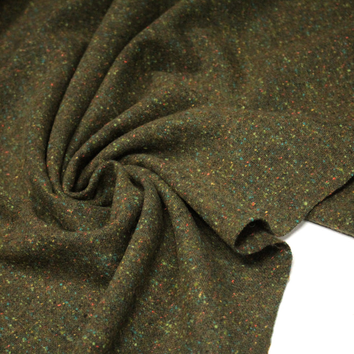 Tissu tweed laine, vert kaki aux touches multicolores - Fabrication française - TissusPapi.com