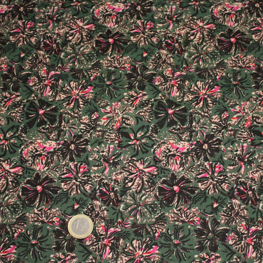 Tissu cotonnade ESTORIL fleuri vert aux touches noires, fuchsia et écrues - STANDARD 100 OEKO - TEX - TissusPapi.com