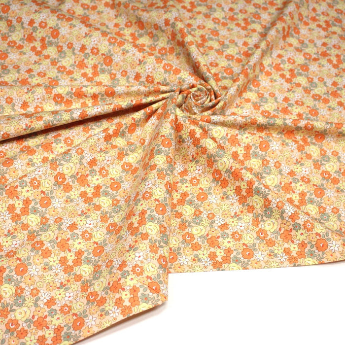 Tissu popeline coton fleurie orange jaune vert fond orange - OEKO - TEX - TissusPapi.com
