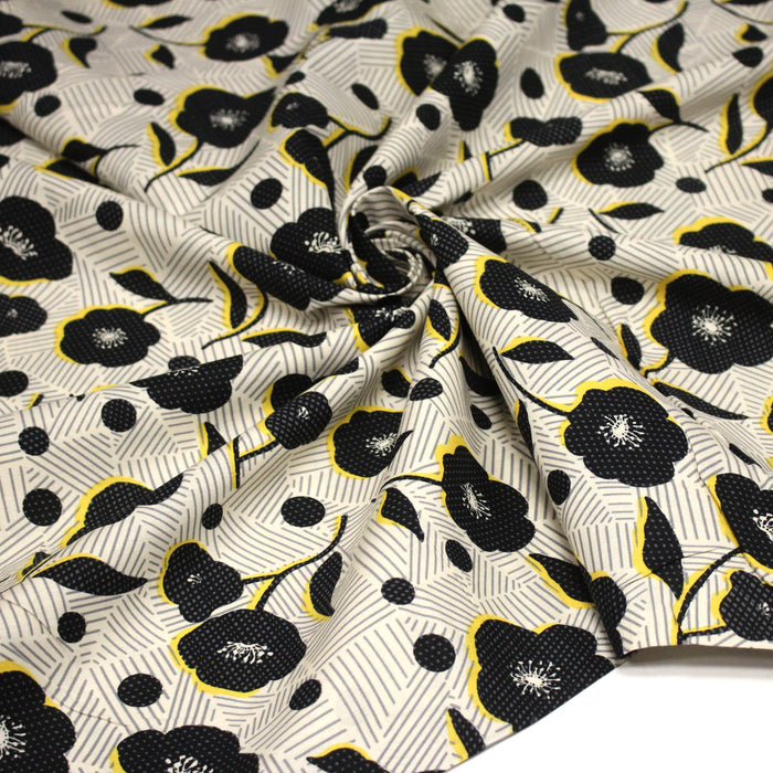Tissu popeline coton Fleurs noirs & fond blanc cassé rayé gris - OEKO - TEX - TissusPapi.com