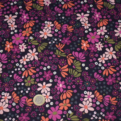Tissu cotonnade fleuri SEVENTIES violet orange vert - STANDARD 100 OEKO - TEX - TissusPapi.com