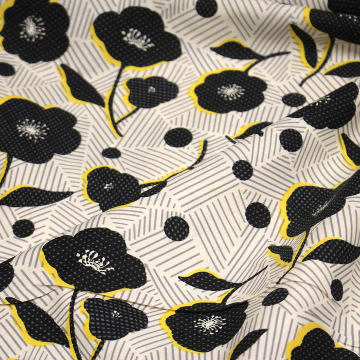 Tissu popeline coton Fleurs noirs & fond blanc cassé rayé gris - OEKO - TEX - TissusPapi.com