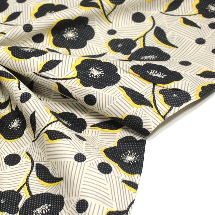 Tissu popeline coton Fleurs noirs & fond blanc cassé rayé gris - OEKO - TEX - TissusPapi.com