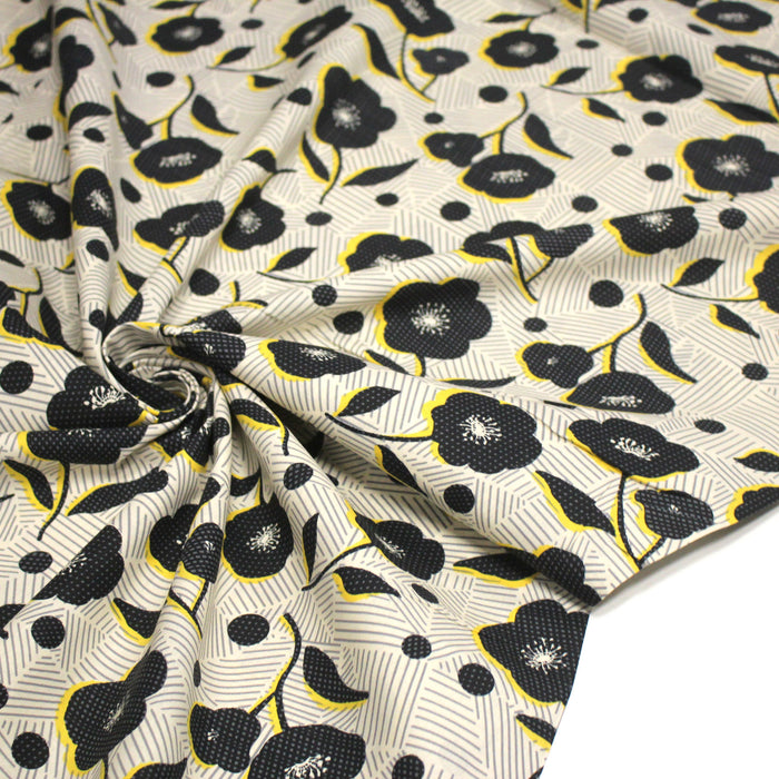 Tissu popeline coton Fleurs noirs & fond blanc cassé rayé gris - OEKO - TEX - TissusPapi.com