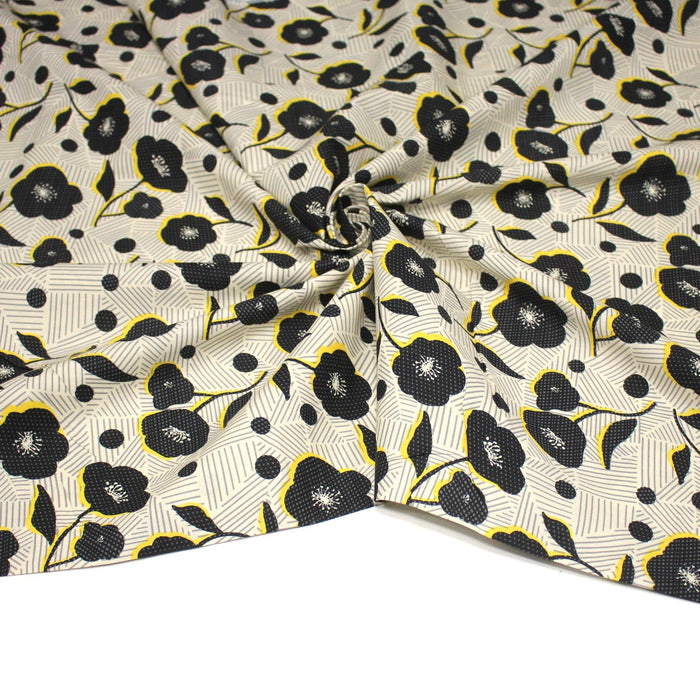 Tissu popeline coton Fleurs noirs & fond blanc cassé rayé gris - OEKO - TEX - TissusPapi.com