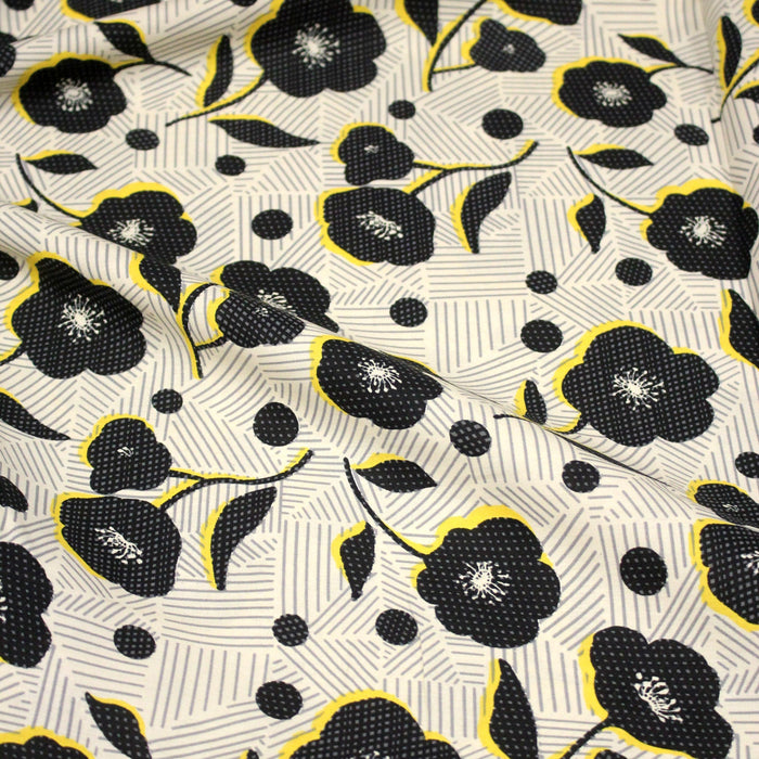 Tissu popeline coton Fleurs noirs & fond blanc cassé rayé gris - OEKO - TEX - TissusPapi.com