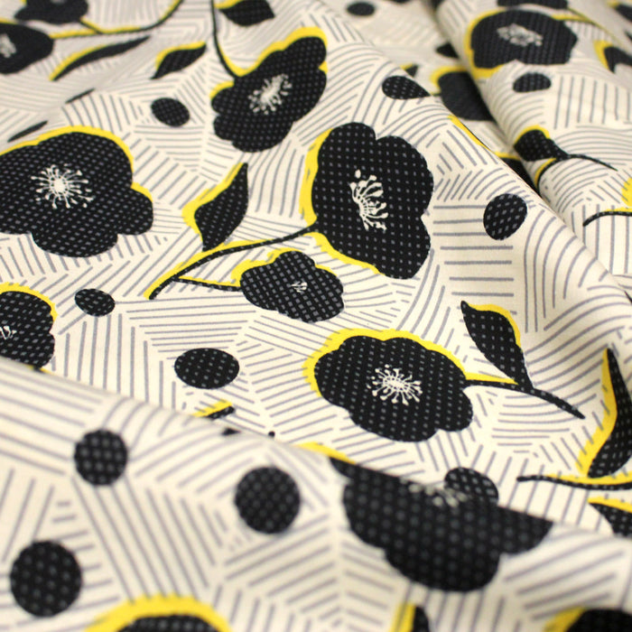 Tissu popeline coton Fleurs noirs & fond blanc cassé rayé gris - OEKO - TEX - TissusPapi.com