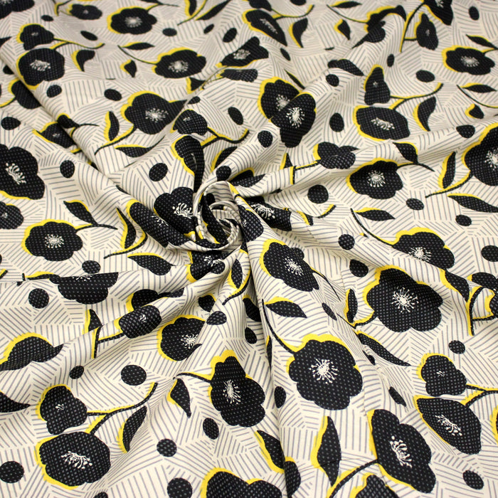 Tissu popeline coton Fleurs noirs & fond blanc cassé rayé gris - OEKO - TEX - TissusPapi.com