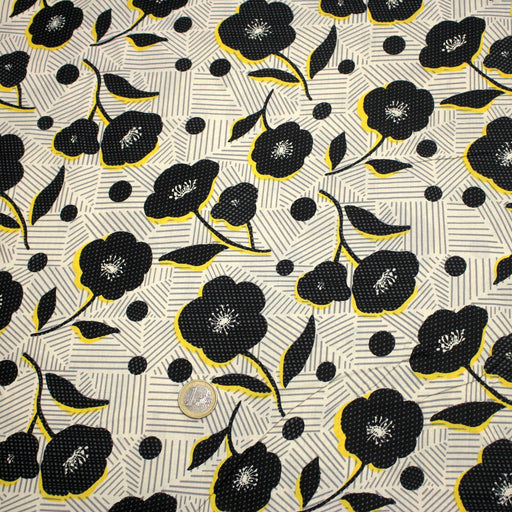 Tissu popeline coton Fleurs noirs & fond blanc cassé rayé gris - OEKO - TEX - TissusPapi.com