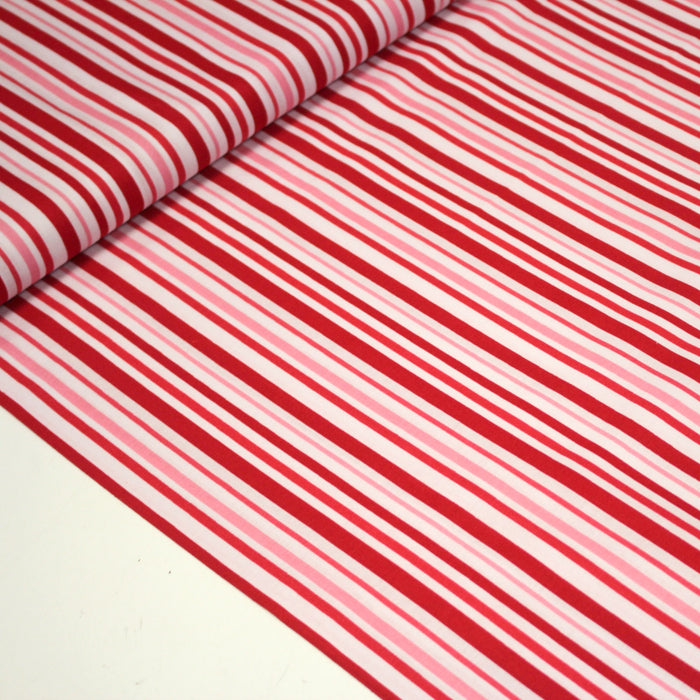 Tissu cotonnade aux rayures rouges, roses et blanches - TissusPapi.com
