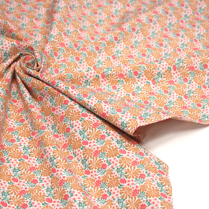 Tissu cotonnade fleuri SEVENTIES ocre rose vert - STANDARD 100 OEKO-TEX