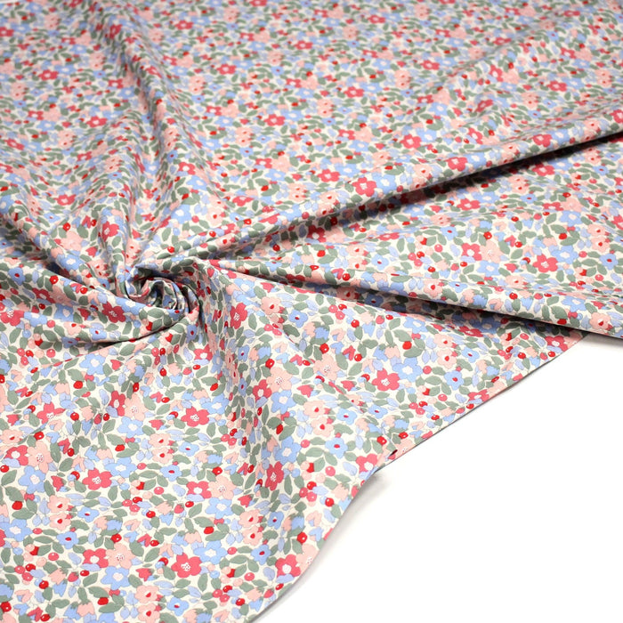 Tissu popeline coton fleurie bleu rouge rose - OEKO - TEX - TissusPapi.com