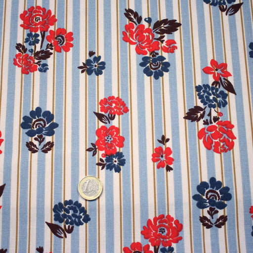 Tissu coton demi - natté FLOWER TICKING, rayé bleu et écru & fleuri britannique rouge et bleu - OEKO - TEX STANDARD 100 - TissusPapi.com