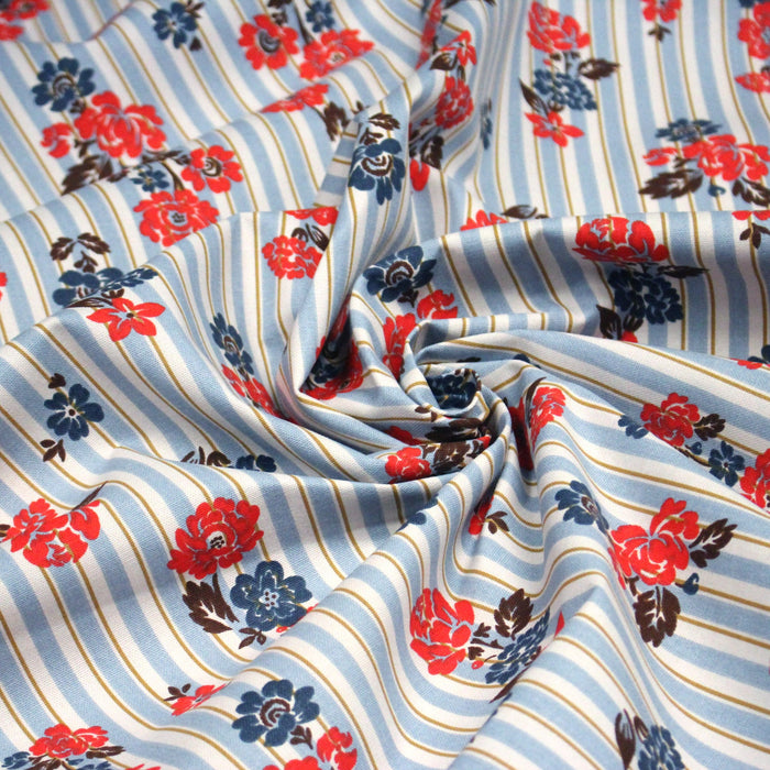 Tissu coton demi - natté FLOWER TICKING, rayé bleu et écru & fleuri britannique rouge et bleu - OEKO - TEX STANDARD 100 - TissusPapi.com