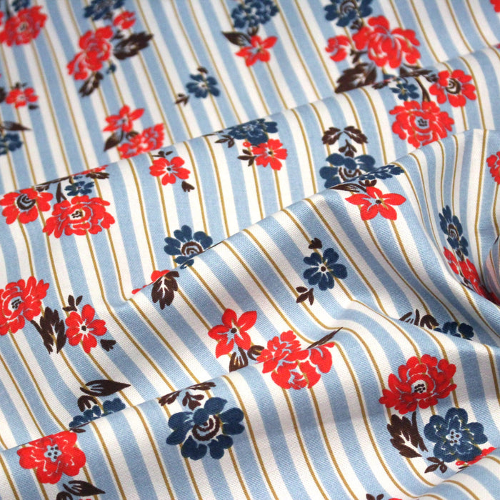 Tissu coton demi - natté FLOWER TICKING, rayé bleu et écru & fleuri britannique rouge et bleu - OEKO - TEX STANDARD 100 - TissusPapi.com