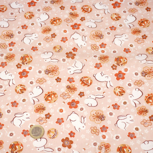 Tissu coton motif japonais Coeurs, lapins et fleurs sakura - STANDARD 100 OEKO - TEX - TissusPapi.com