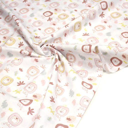 Tissu cotonnade, blanc motif tropical enfant aux têtes de lion dessinées - STANDARD 100 OEKO - TEX - TissusPapi.com
