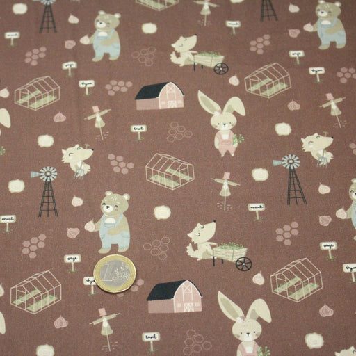 Tissu cotonnade, les animaux à la ferme, fond marron, collection AUTOMNE - STANDARD 100 OEKO - TEX - TissusPapi.com