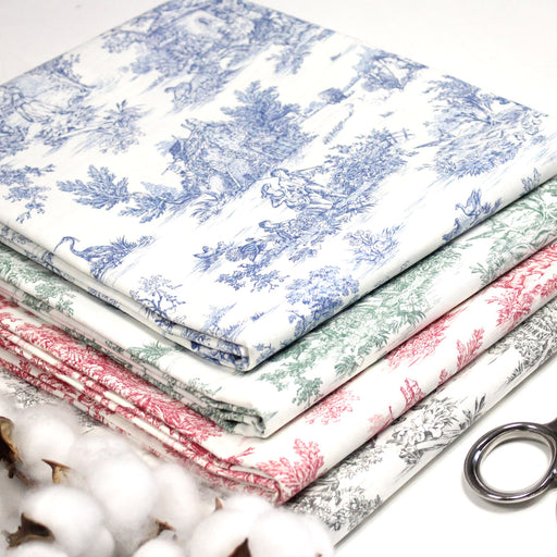 Tissu coton renforcé TOILE DE JOUY grande largeur 280cm : bleu, rouge, vert, gris - OEKO - TEX - TissusPapi.com