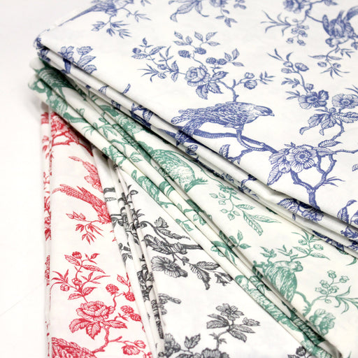 Tissu coton renforcé TOILE DE JOUY AUX MESANGES grande largeur 280cm : bleu, rouge, vert, gris - OEKO - TEX - TissusPapi.com