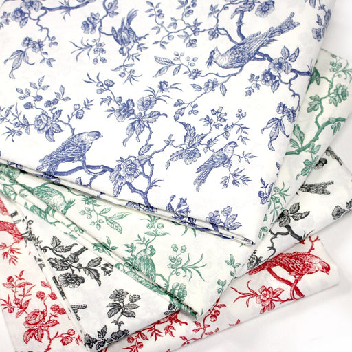 Tissu coton renforcé TOILE DE JOUY AUX MESANGES grande largeur 280cm : bleu, rouge, vert, gris - OEKO - TEX - TissusPapi.com