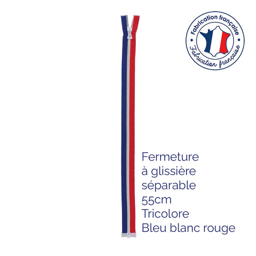 Fermeture à glissière séparable 55cm tricolore bleu blanc rouge - Fabrication française - TissusPapi.com