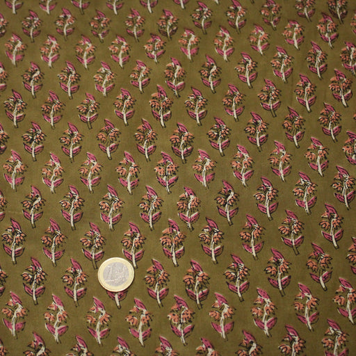 Tissu coton fin imprimé INDIENNES, ocre aux fleurs roses – STANDARD 100 OEKO - TEX - TissusPapi.com
